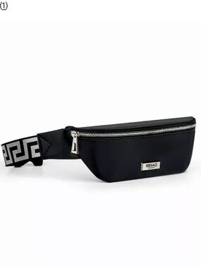 Versace Black Belt Bag with Greek Key Strap